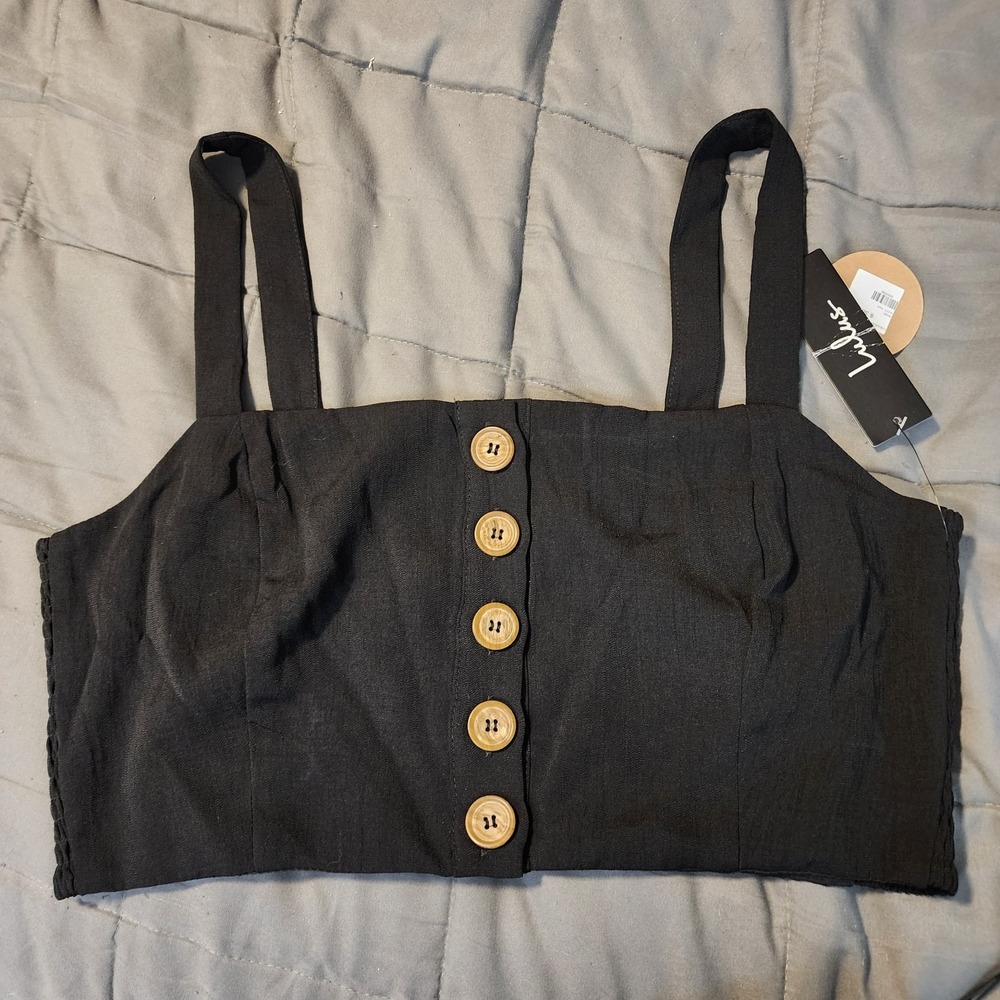 LULUS Size Large Sweet As Ever Black Button Front Sleeveless Festival Crop Top - Picture 5 of 8